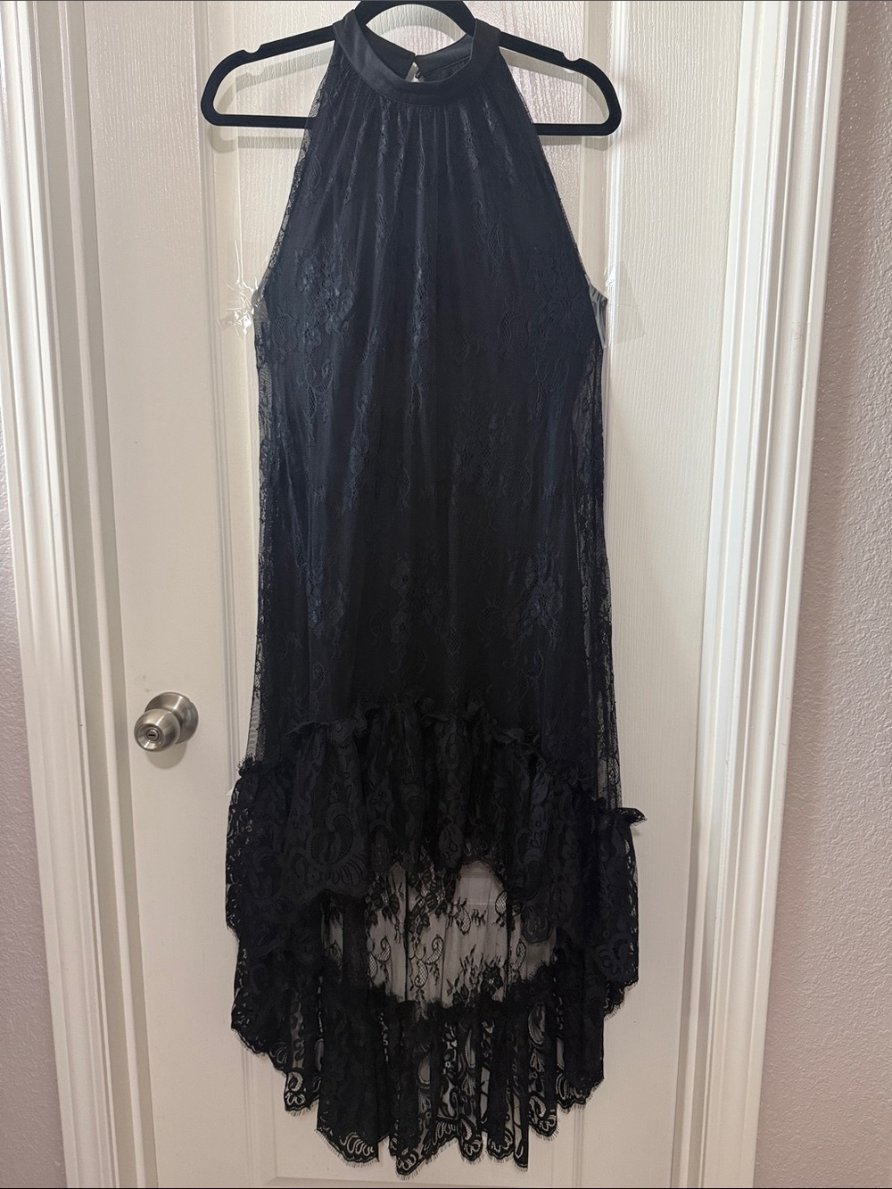 VENUS Black Lace Halter High-Low Formal Dress